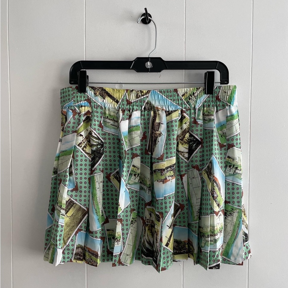90s Vintage Lizsport Mini Pleated Green Postcard Skirt